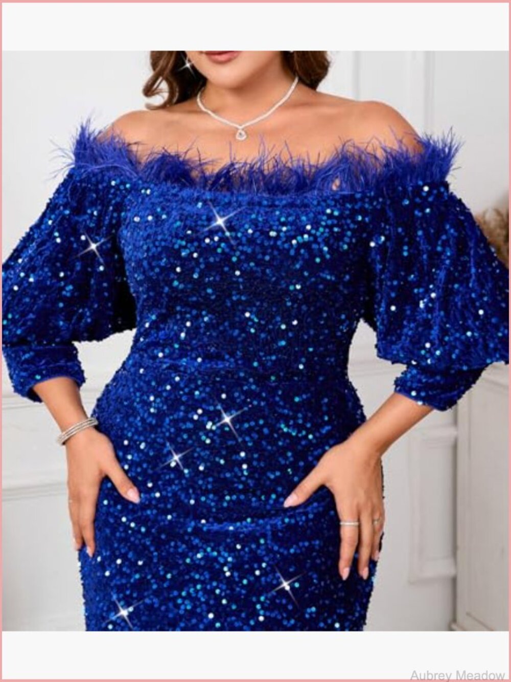 Sequin Off Shoulder Puff Sleeve Bodycon Midi Dress - Picture 4 of 7